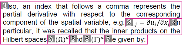 A paragraph with its constituent tags labeled. It contains text interspersed with equations. The equations are tagged separately from the tag content.