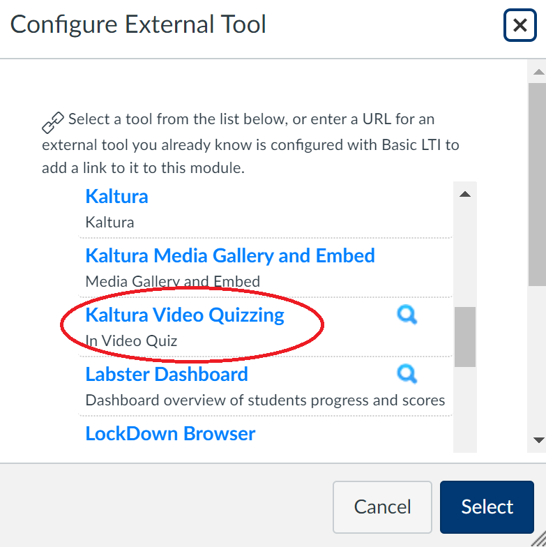 A screenshot of the "external tool" menu in Canvas, with a red circle around "Kaltura Video Quizzing"
