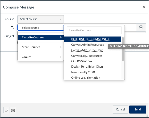 A screenshot of the compose message page in Canvas with "favorite courses" highlighted