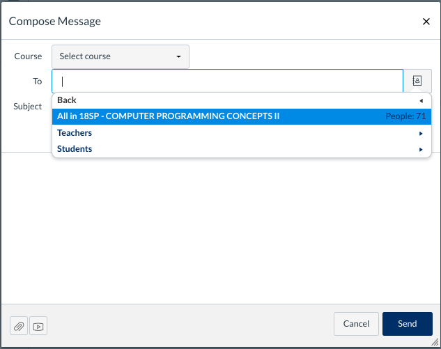A screenshot of the "compose message" screen in Canvas with the options for the "To" field visible
