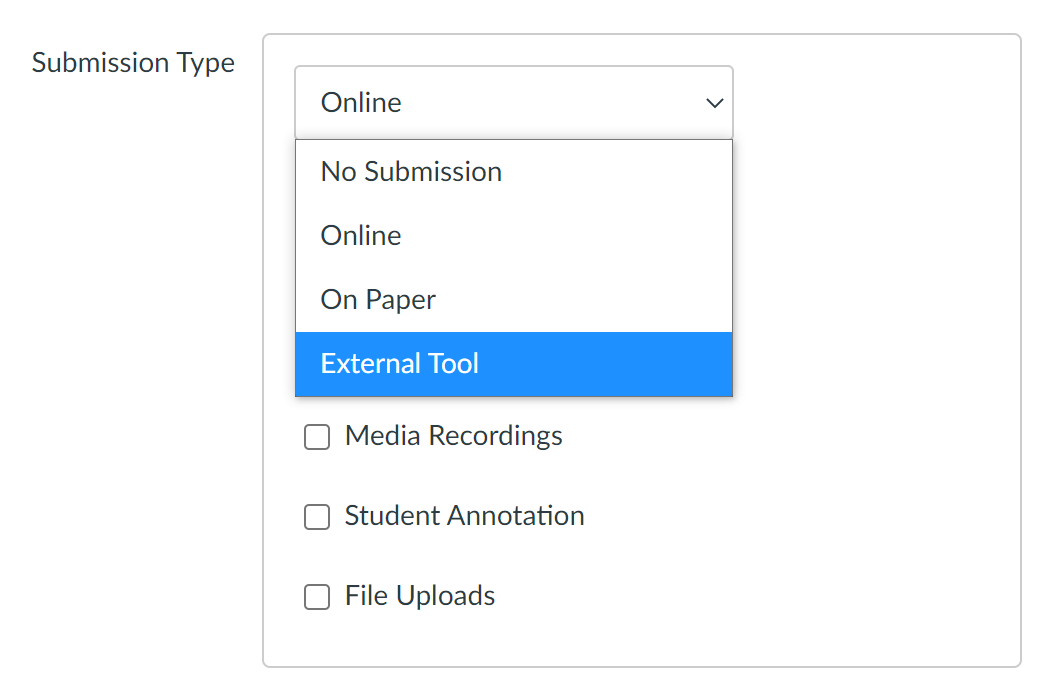 A screenshot of the submission type menu in Canvas, with "external tool" highlighted
