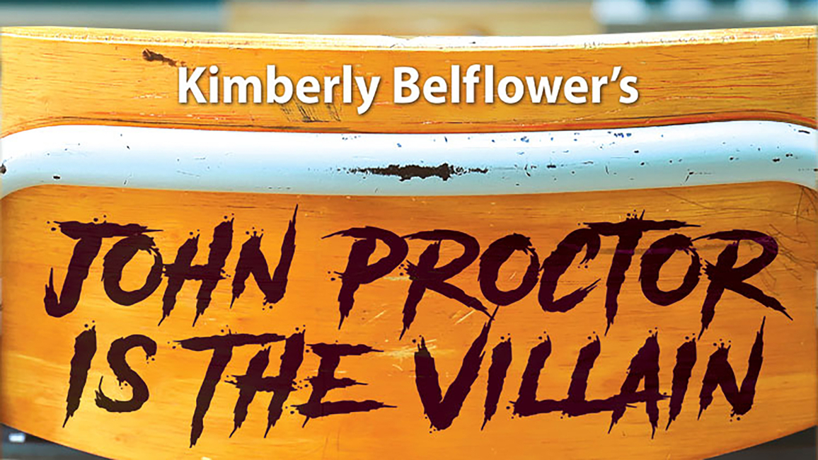 Graphic showing the back of a wooden school chair. The graphic contains the text "Kimberly Belflower's John Proctor is the Villain." 
