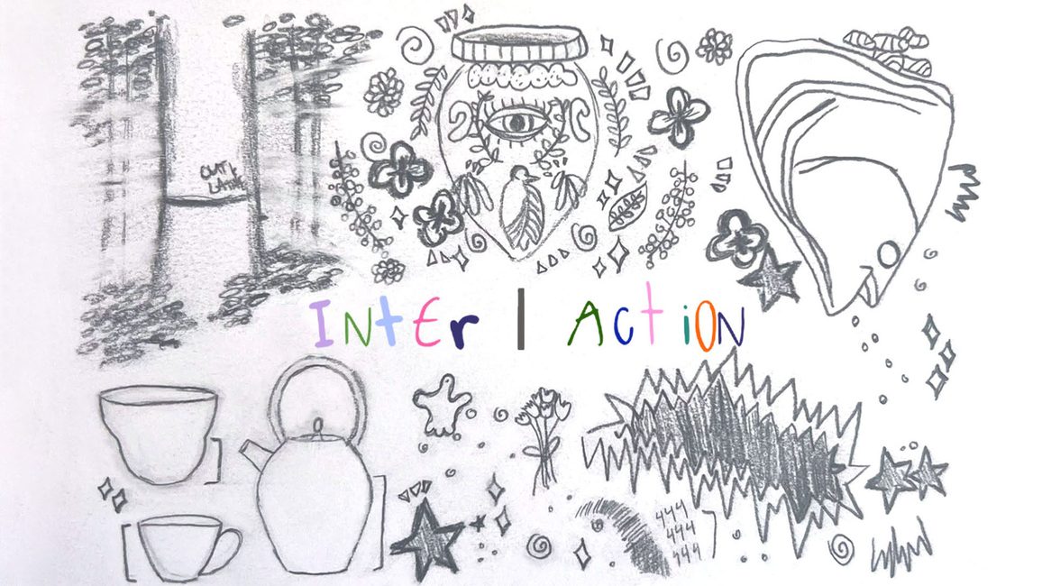 A hand-drawn image featuring the word "Inter | Action" in the center. It displays various items such as flowers, eyes, stars, pots, and other elements.