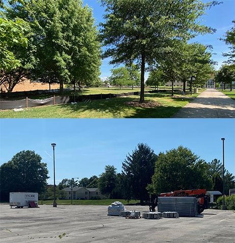 Photos of the Library Commons construction site and the laydown area for contractor materials