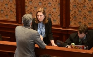 Illinois politician and UIS student talking on capitol floor