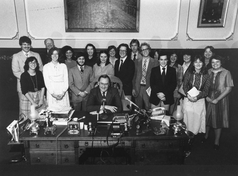 group photo of the Public Affairs Reporting class of 1980 and then governor Jim Thompson