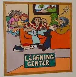 learning center illustration showing two people in a tutoring room and two people studying with their books in the adjacent lounge area