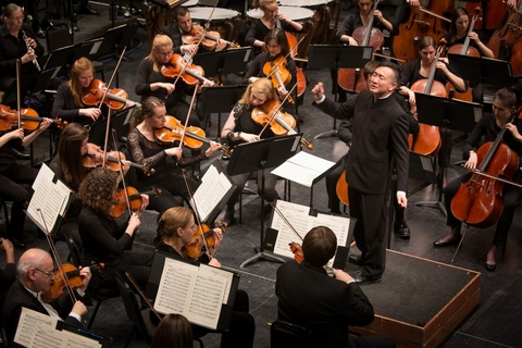 an orchestra playing inside