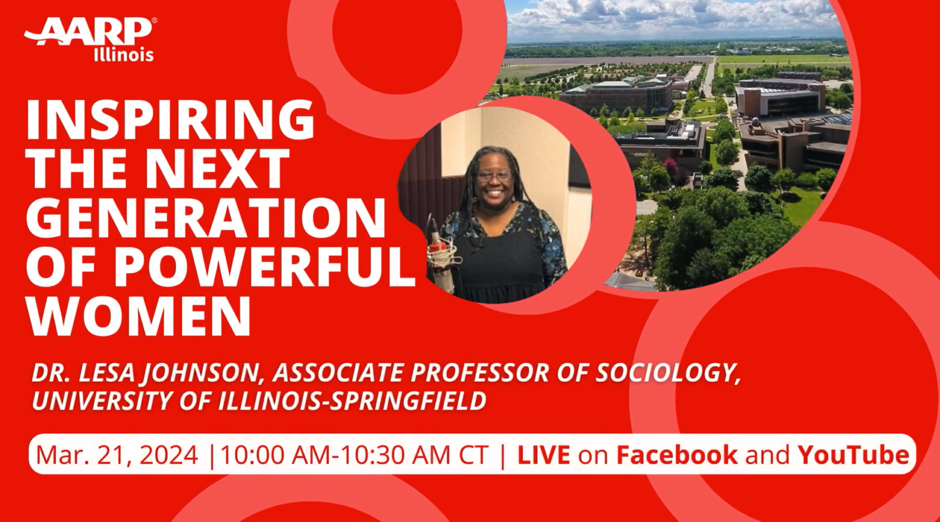 Flyer for the AARP Interview Livestream with Lesa Johnson with the text "Inspiring the Next Generation of Powerful Women."