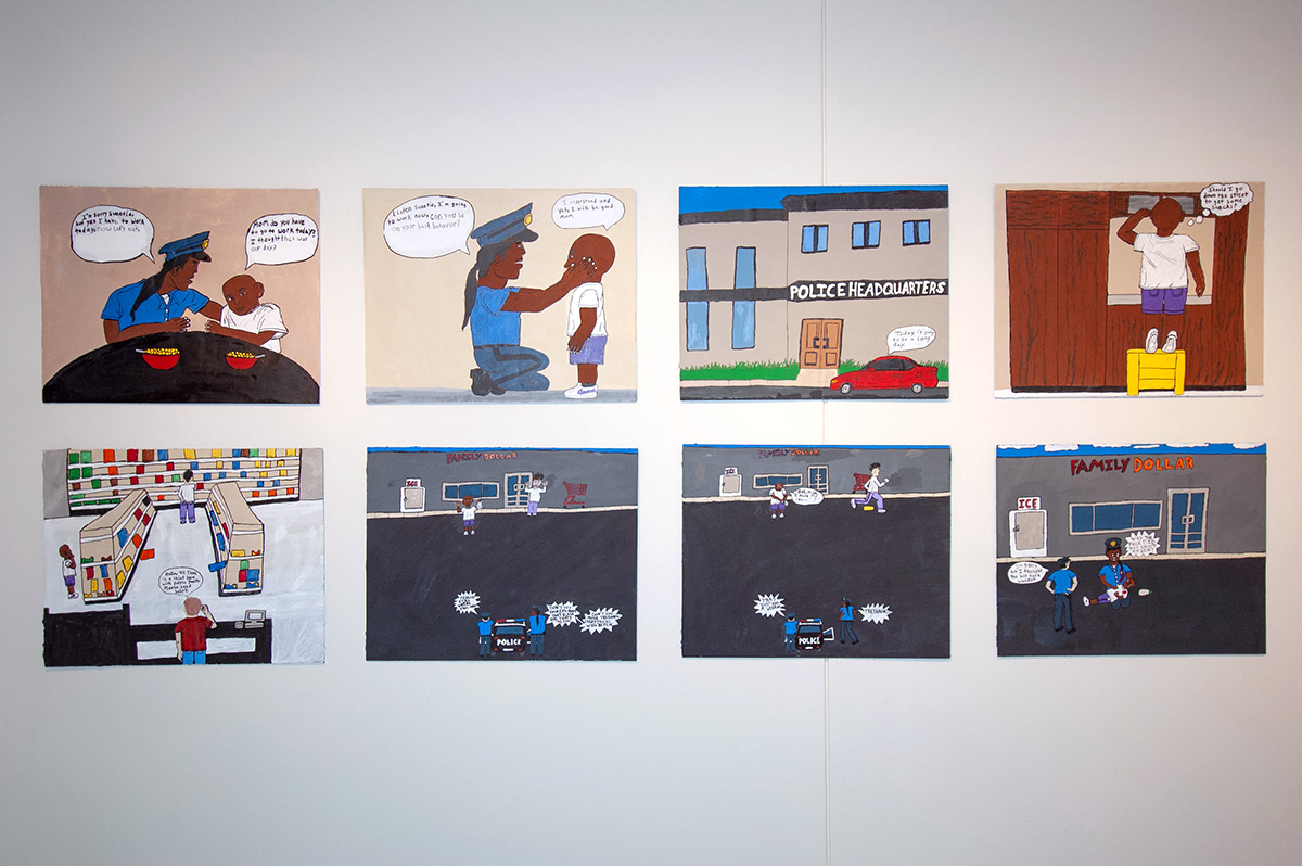 senior student's series of paintings depicting a POC child dying due to police profiling and brutality