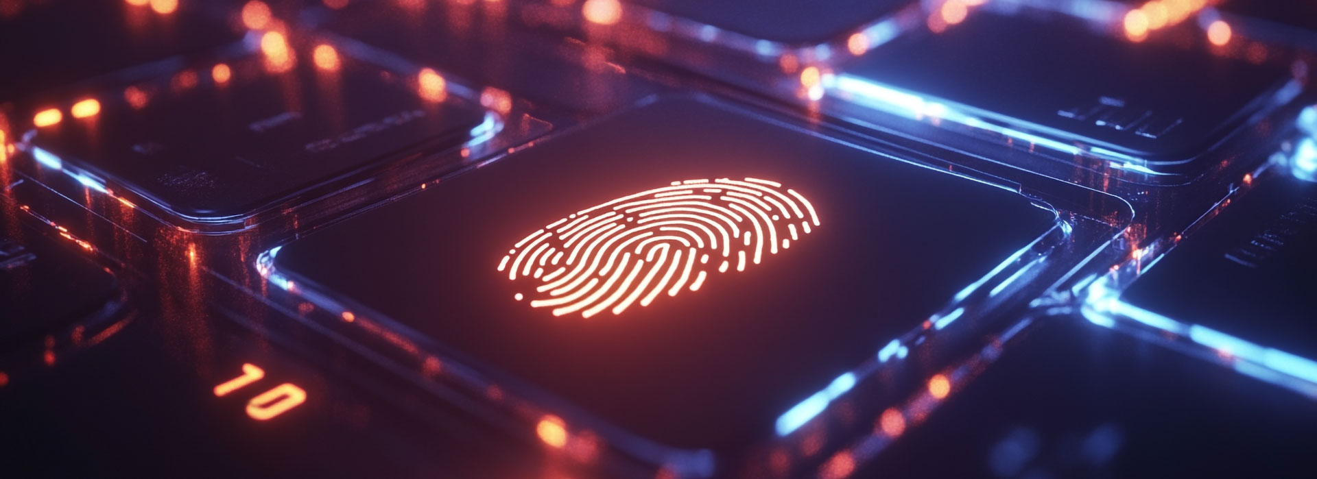 a glowing keyboard with a glowing fingerprint on one of the keys