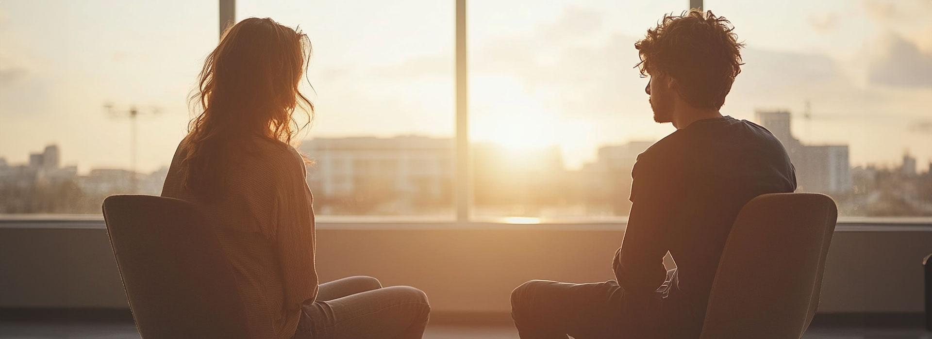two people sitting in chairs looking out a gigantic window thoughtfully