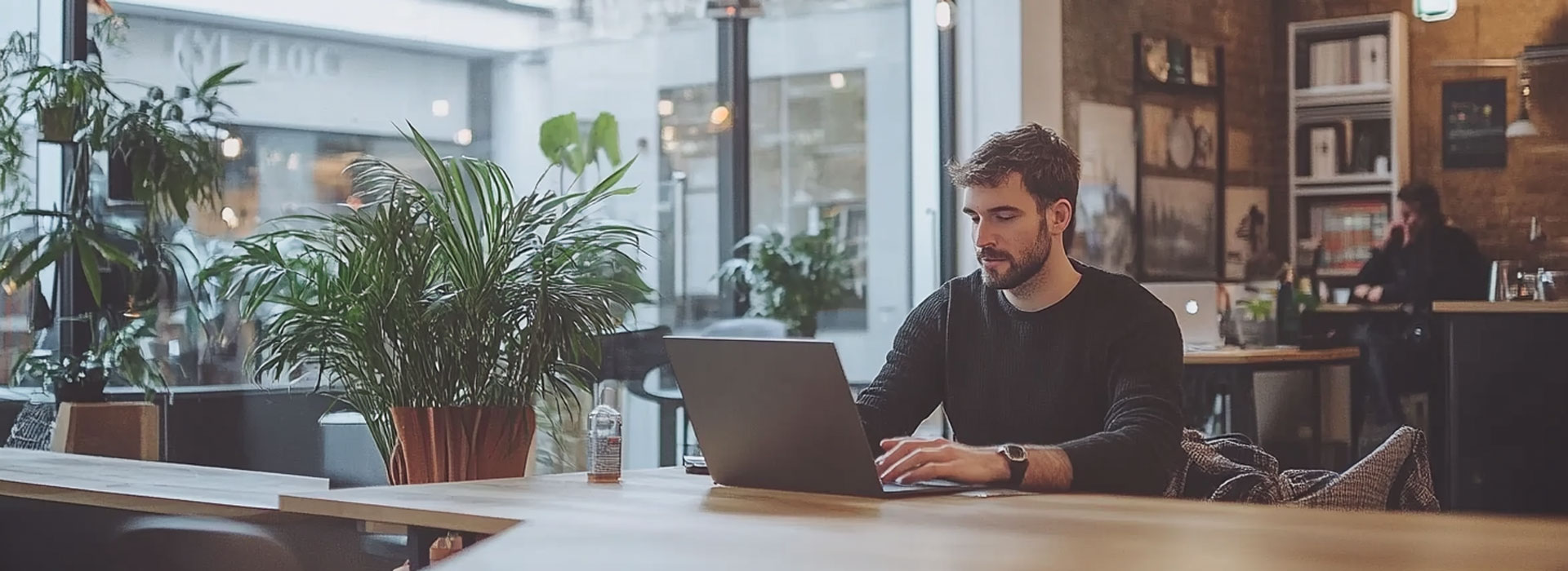a man sitting at a table looking at his laptop