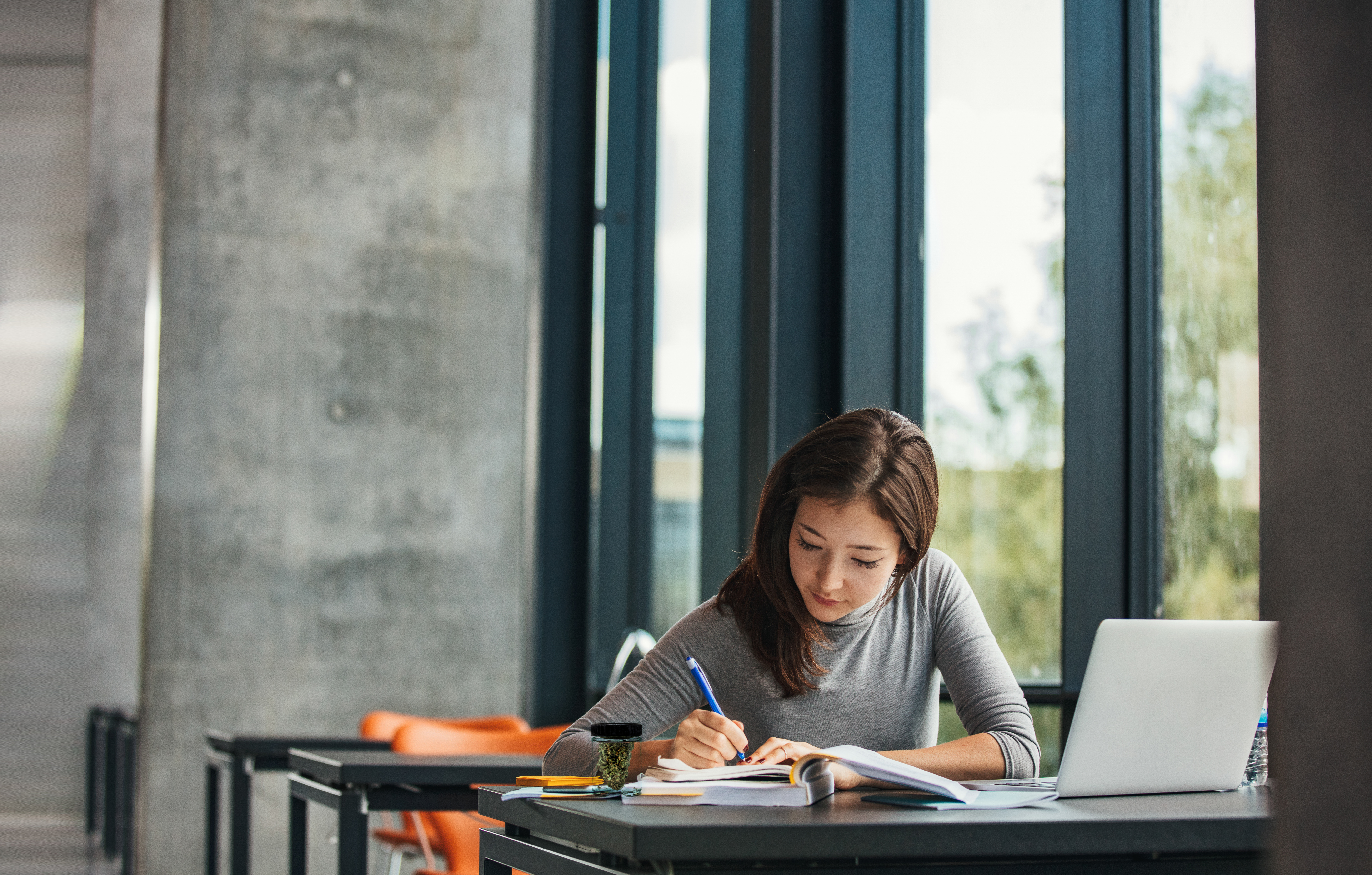 Woman studying at a table near large windows, with a laptop and notepad.