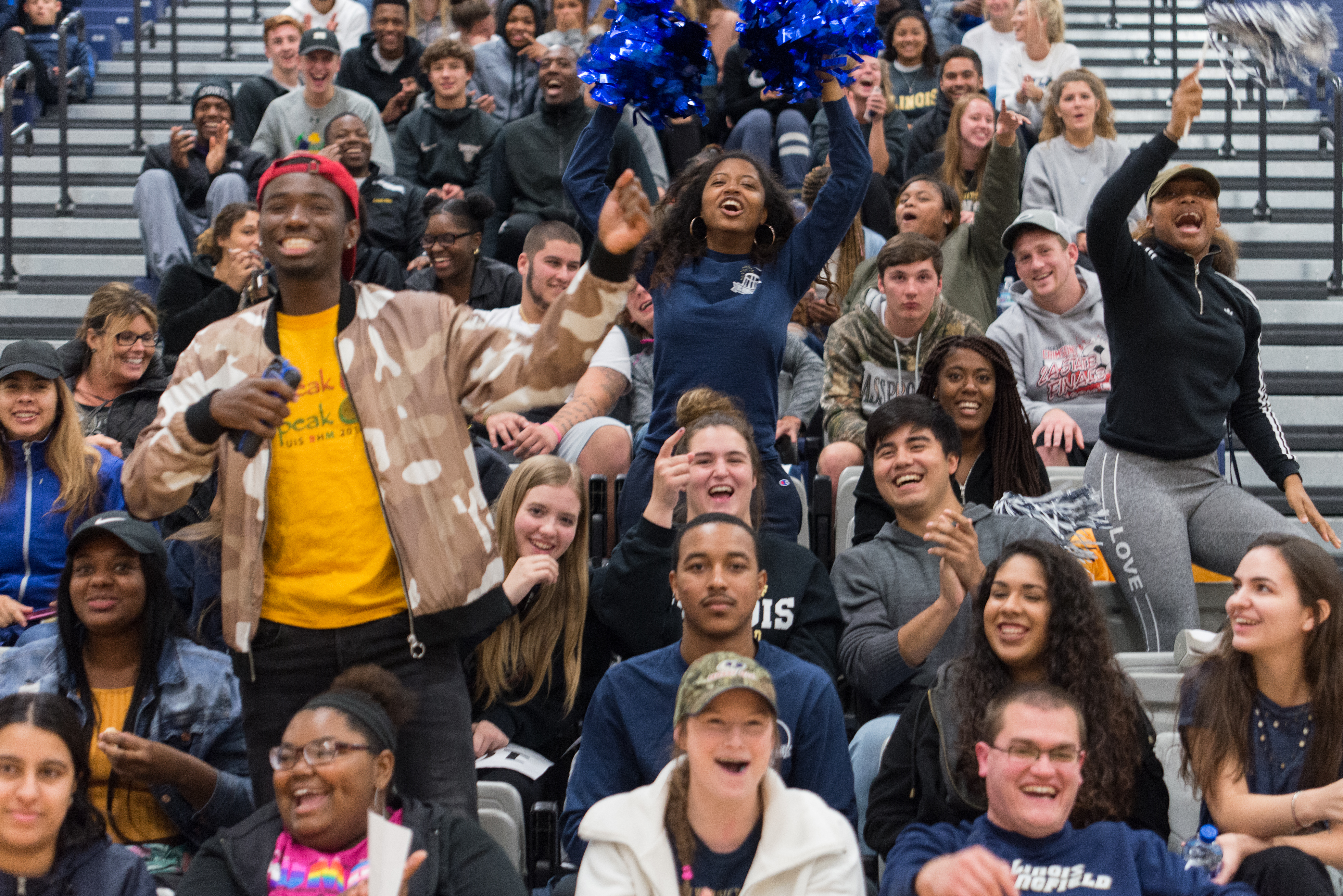 Enthusiastic crowd cheering in a stadium.