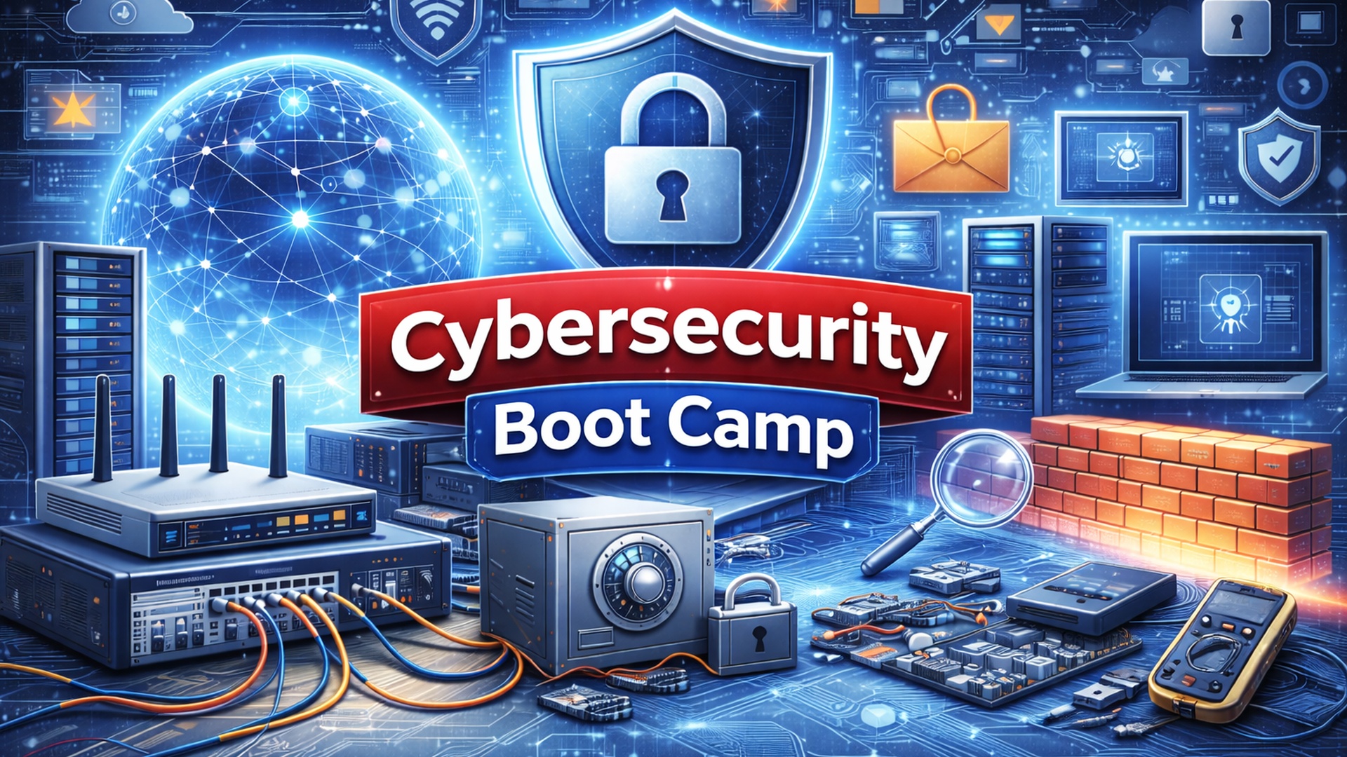 Cybersecurity theme with shield, lock, and tech devices, digital art style.