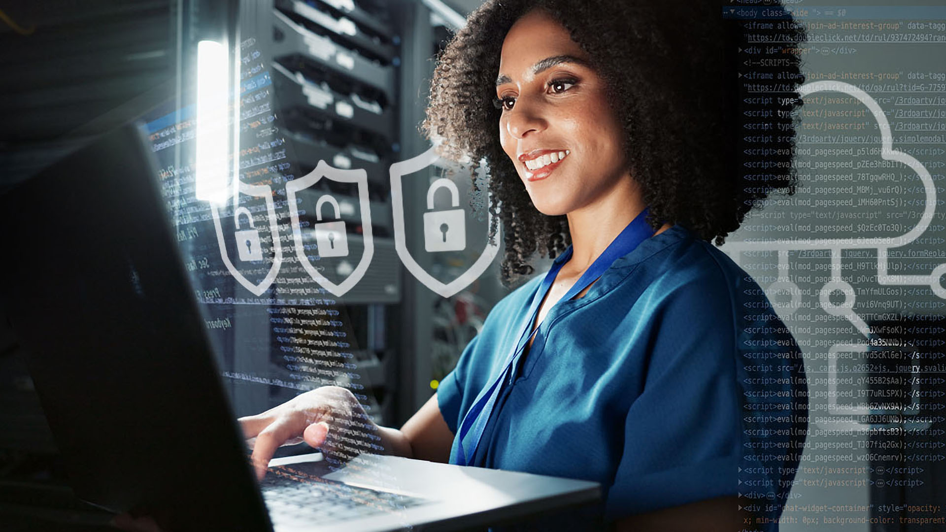 woman at laptop with cybersecurity iconography surrounding her