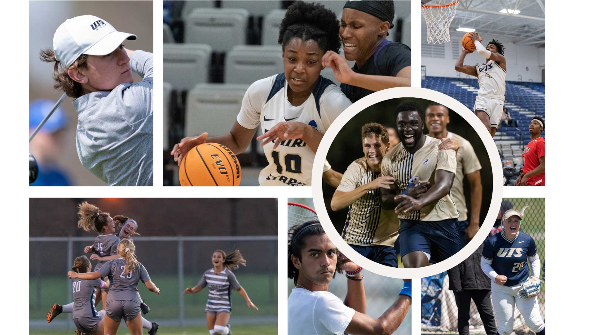 collage of UIS golf, basketball, soccer, and softball