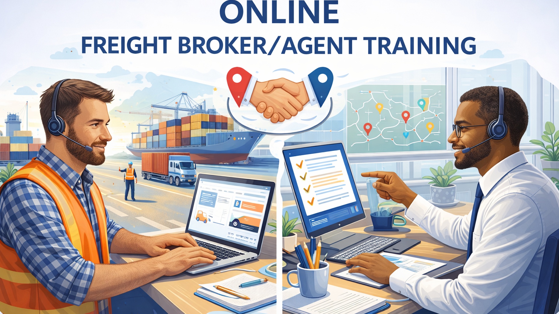 Two people video conferencing on laptops, discussing freight logistics.