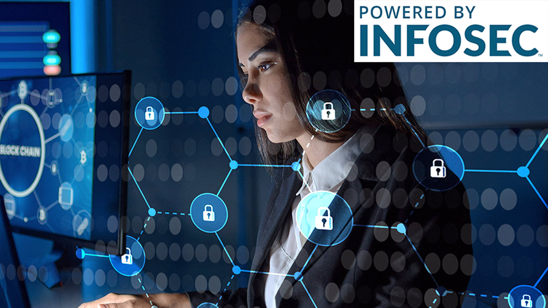 A woman at a computer with digital security icons overlay.