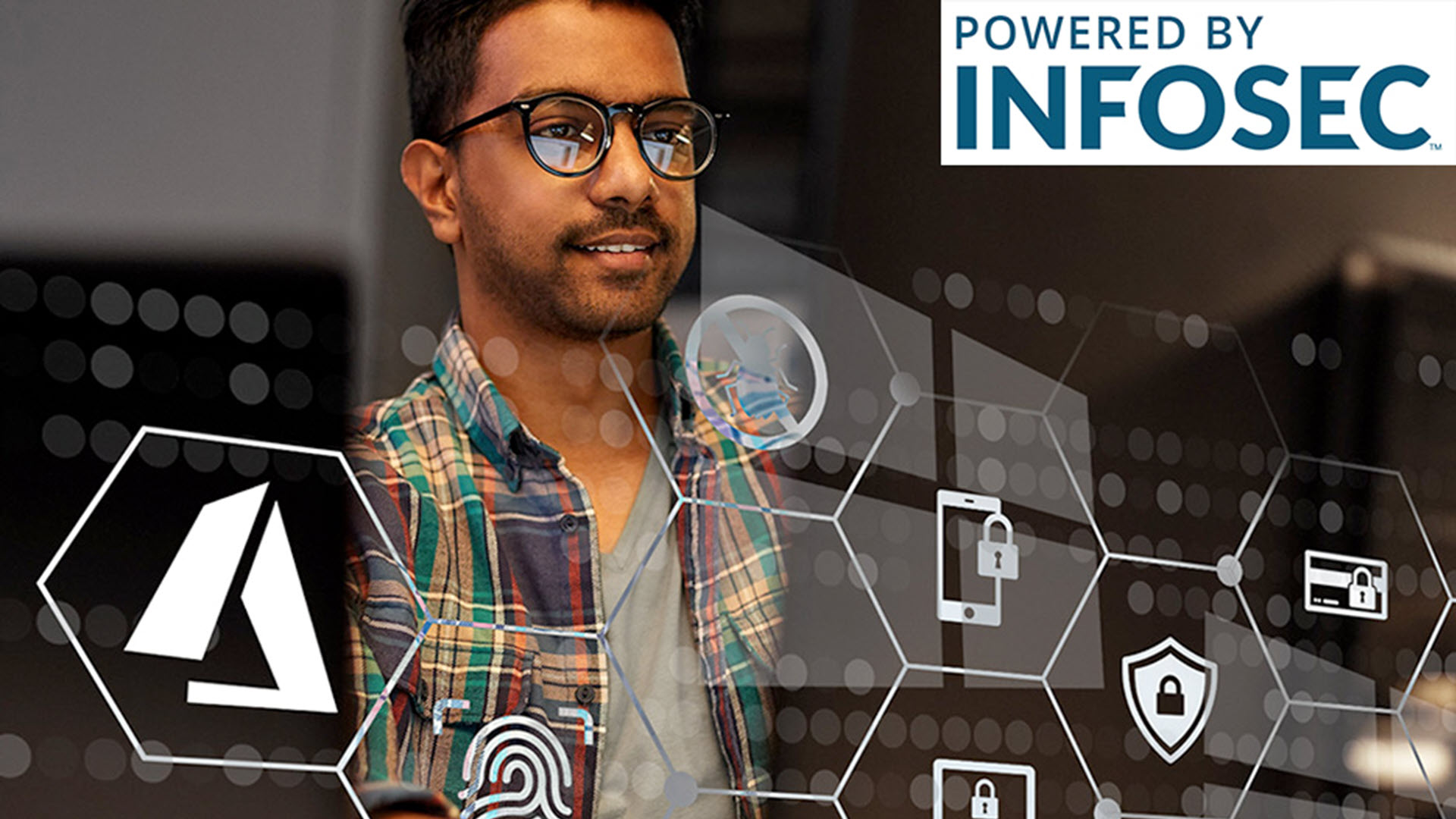 Man with glasses in a dark room, surrounded by tech symbols.