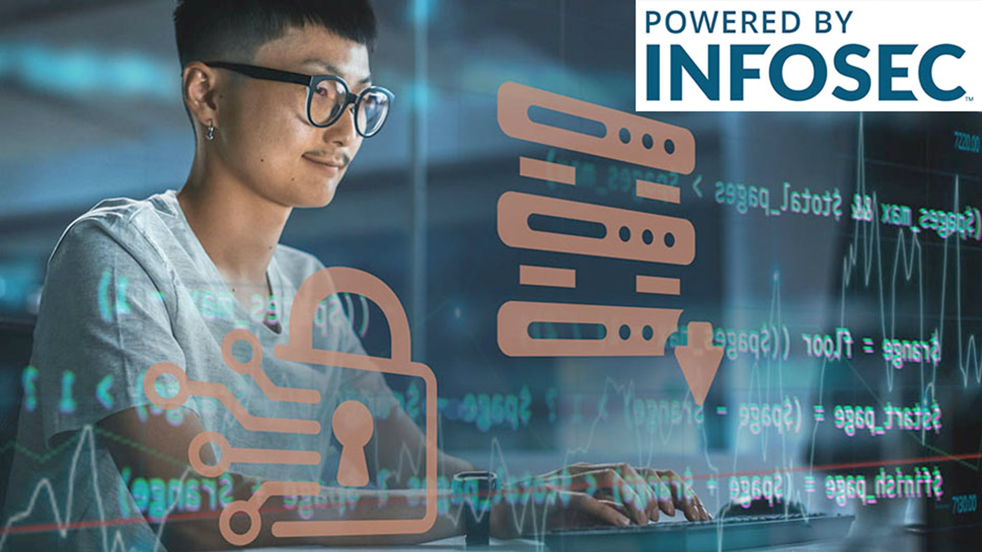 Person typing, surrounded by digital security icons, with Infosec logo in corner.