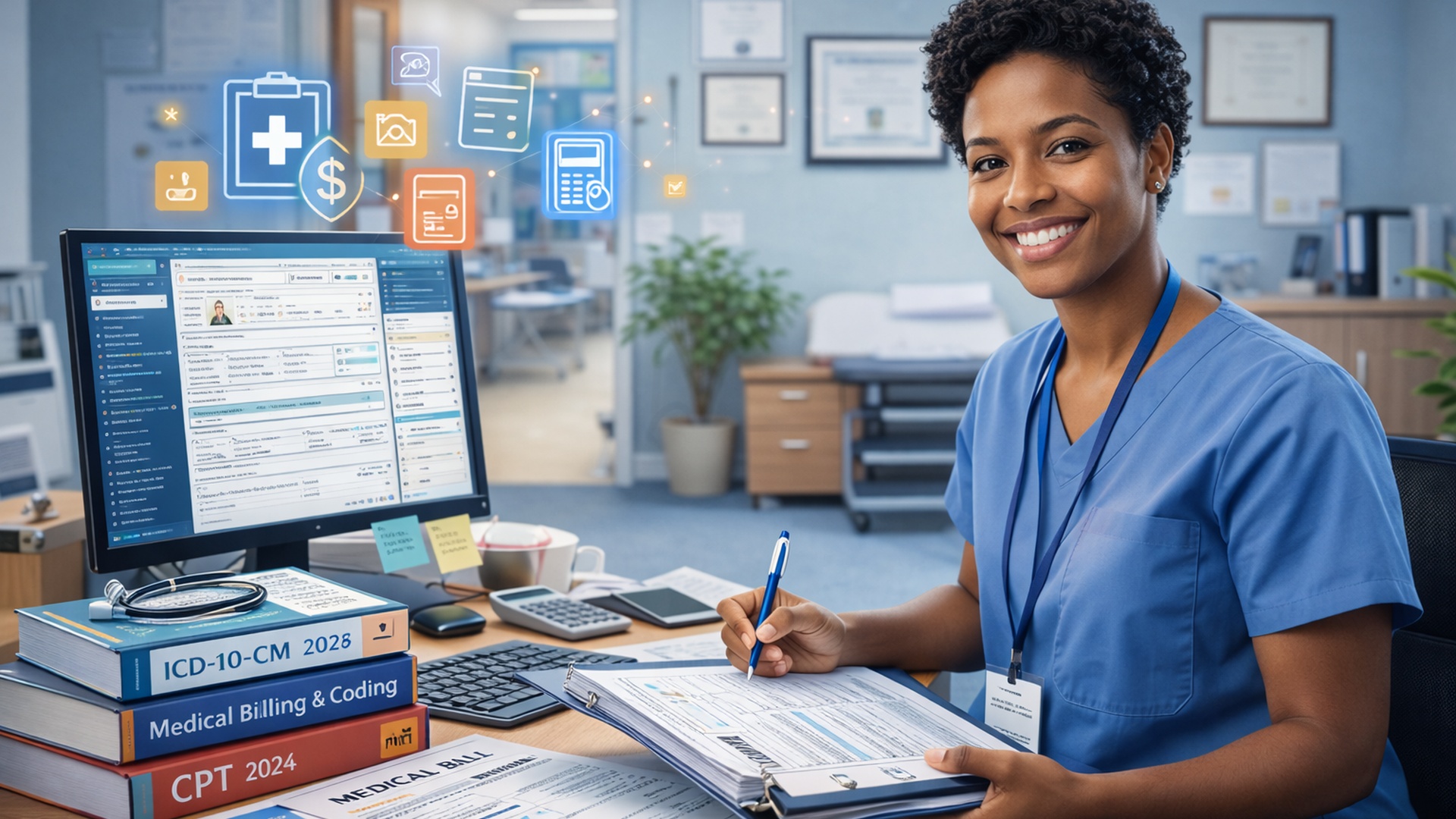Healthcare worker smiling at desk with computer and paperwork, medical icons floating nearby.