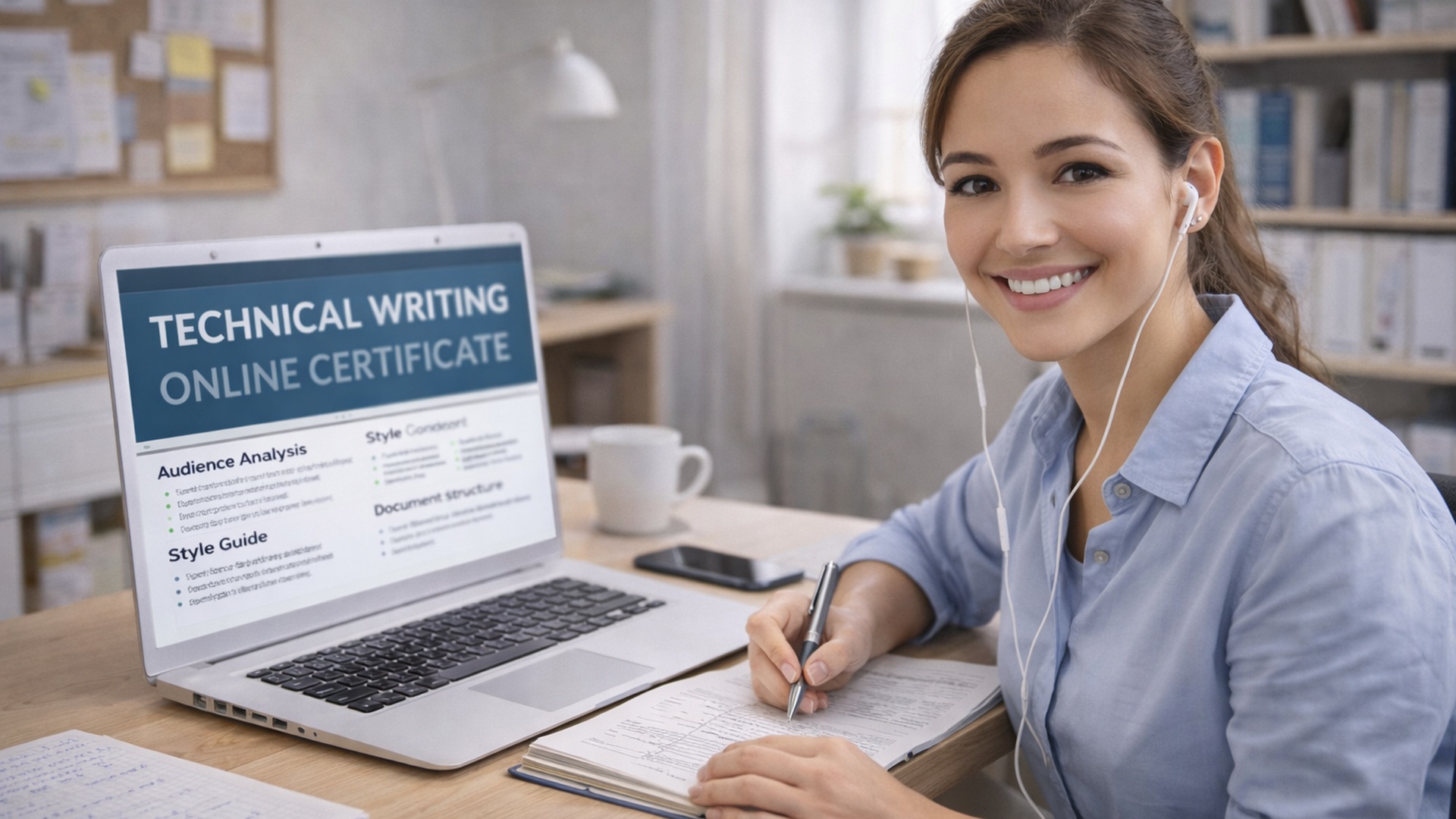 Woman smiling at desk with laptop displaying online certificate course.