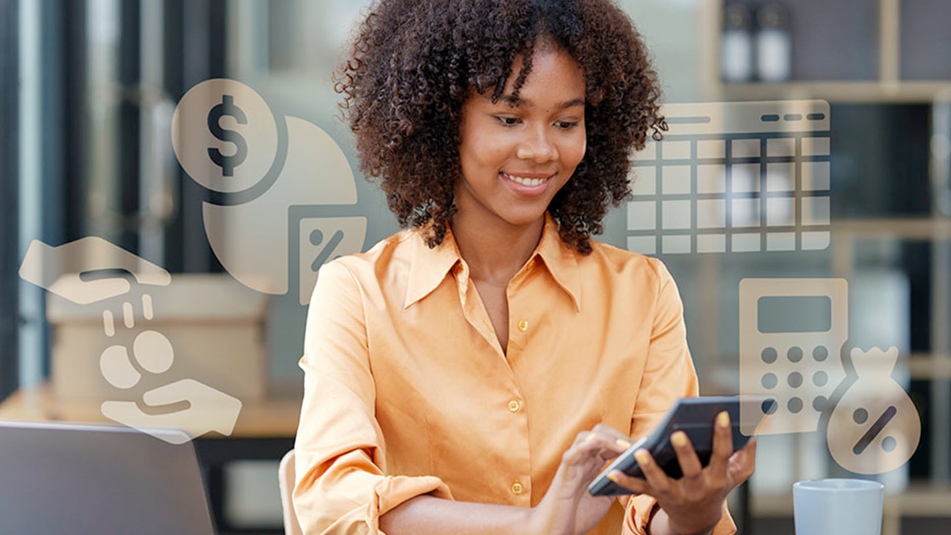 Woman in orange shirt using a tablet, financial icons overlayed.