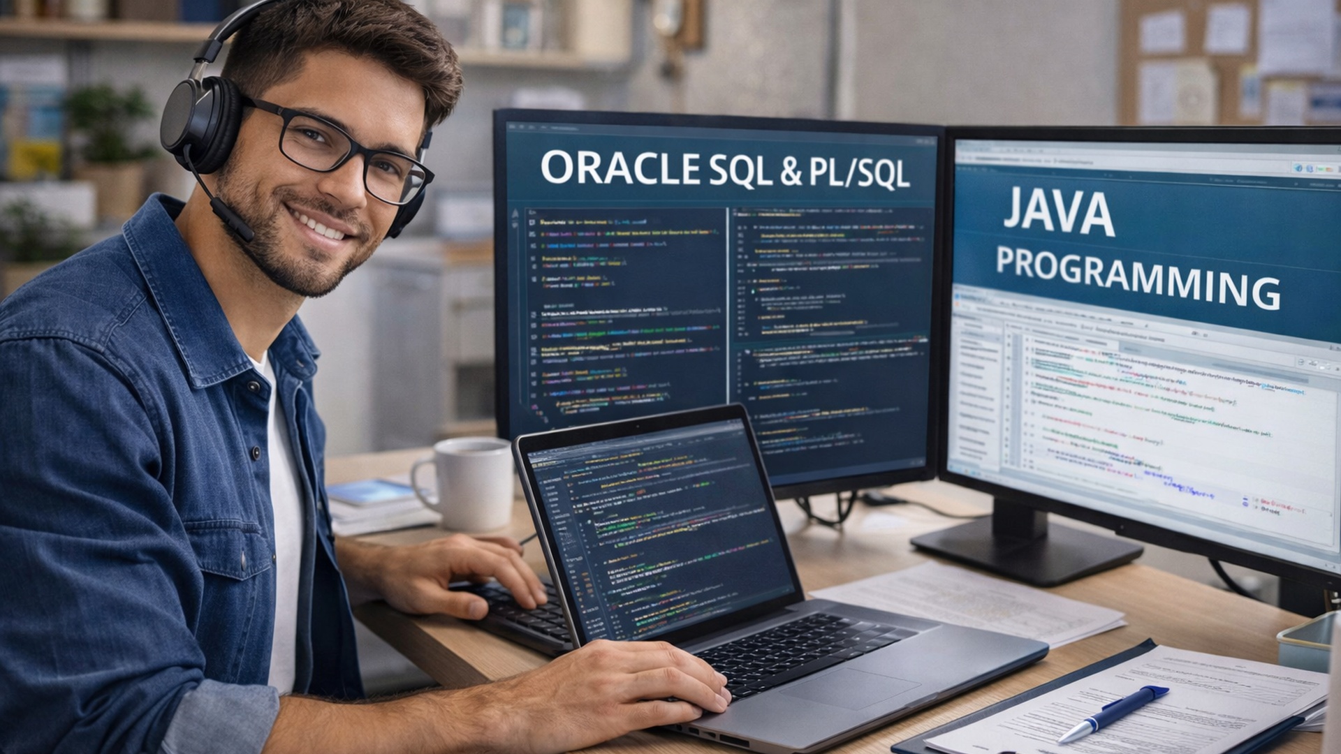 Man with headset working on multiple computer screens displaying code.