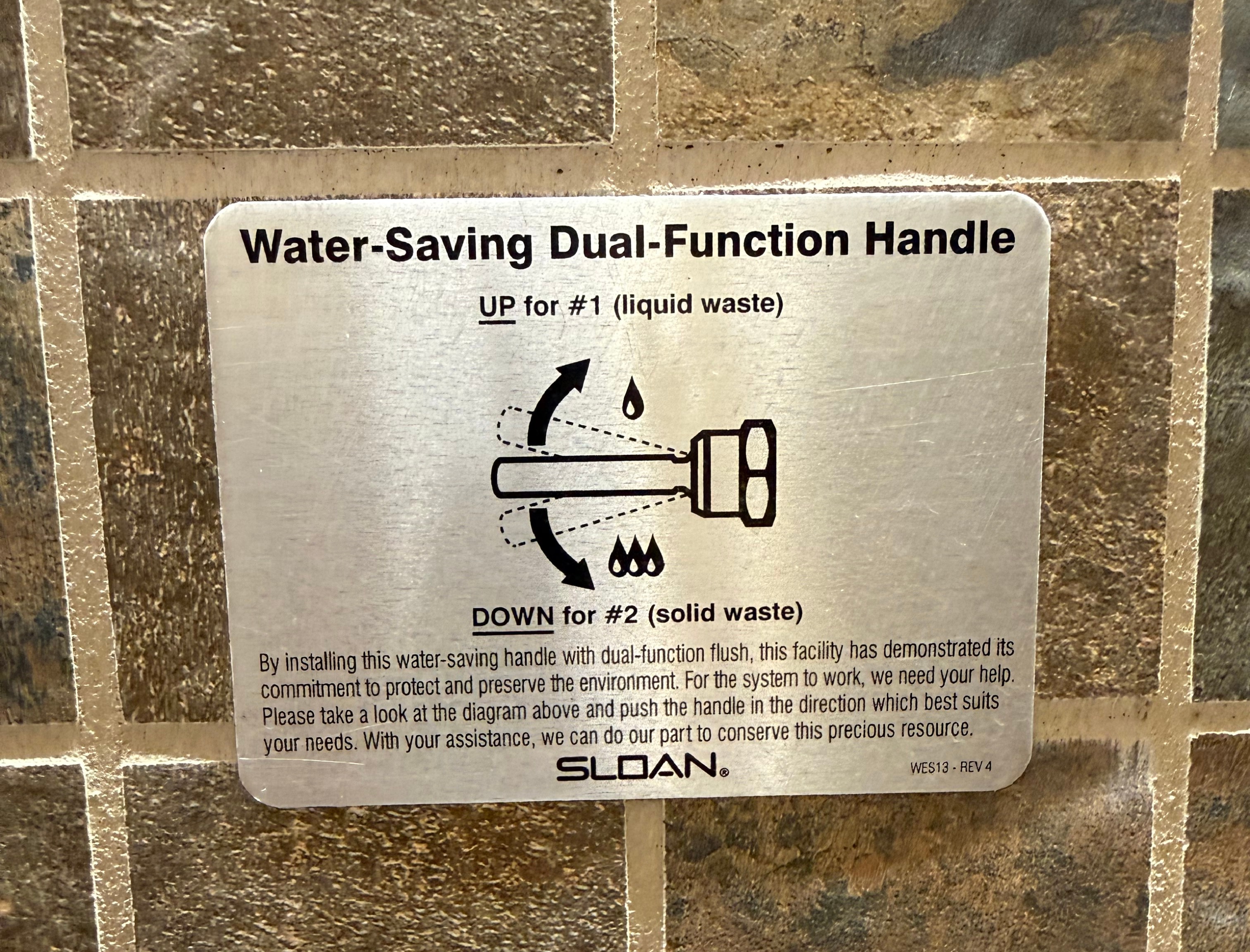 Sign describing a dual flush toilet handle