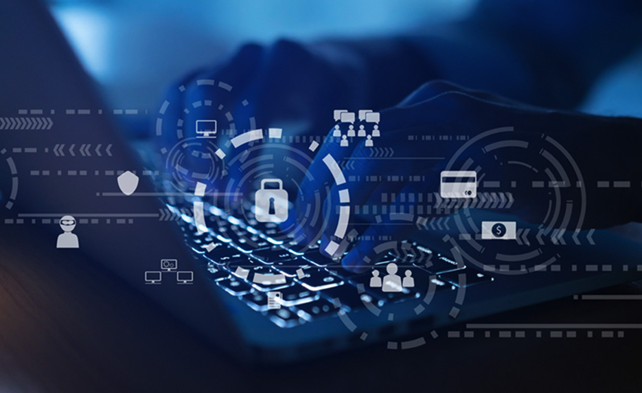 Hands typing on a keyboard with digital security icons overlay.