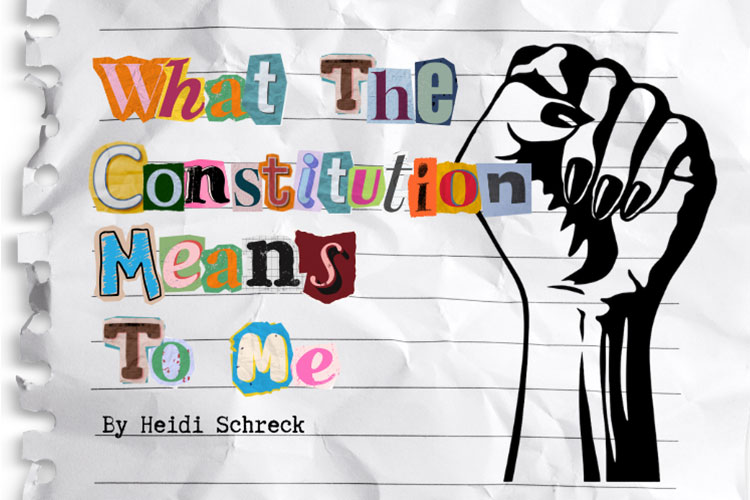 What the Constitution Means to Me text on crumpled paper with a black fist graphic.