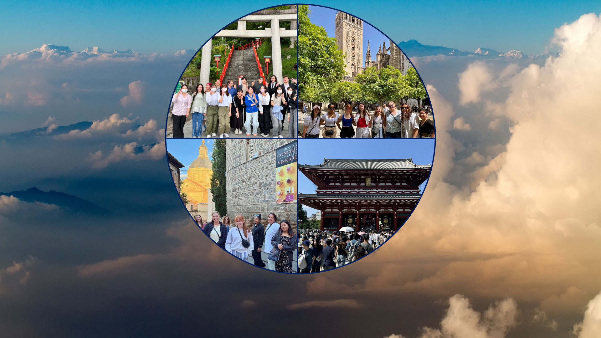 a collage of group photos on top of clouds