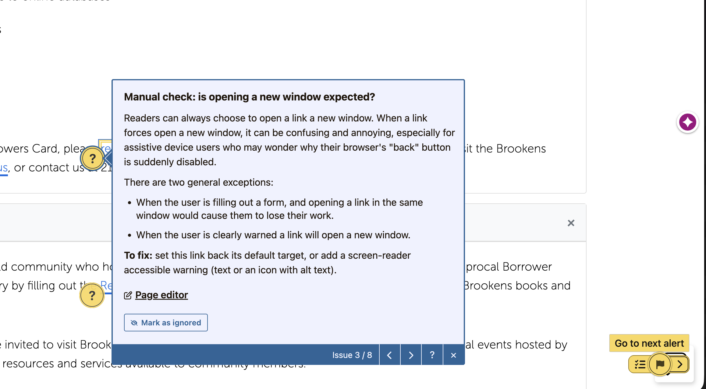 screenshot of the accessibility checker flagging errors on a page