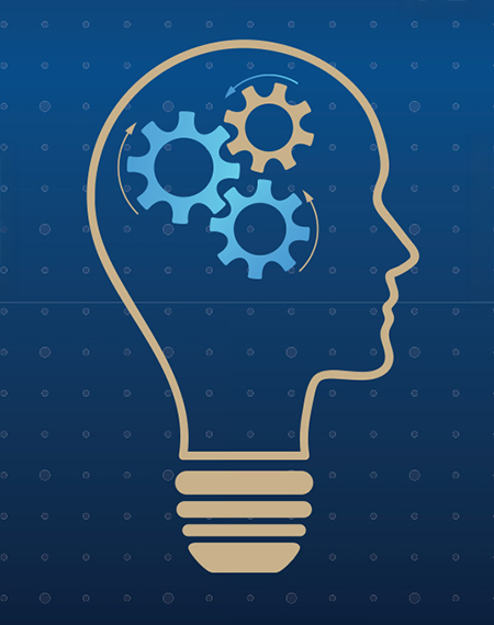 Light bulb with human head silhouette and gears inside.
