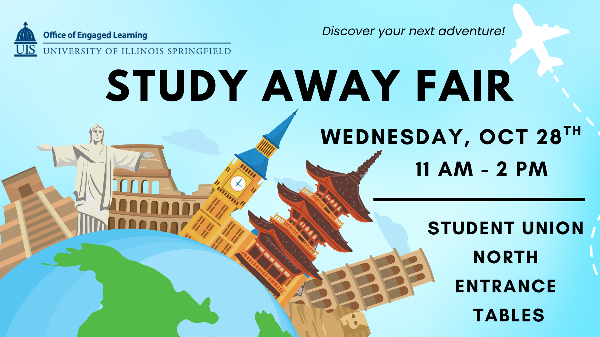 Study Away Fair Promotion taking place on Wednesday, October 28 from 11-2pm in the Student Union North Entrance Tables. Travel-themed graphic with landmarks and a plane on a blue background.