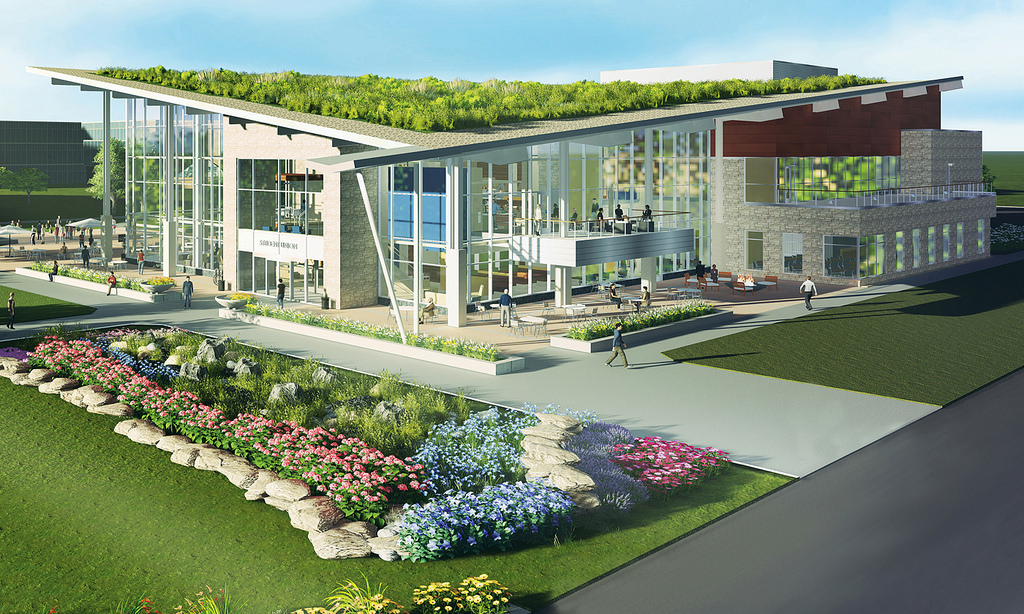 library rendering with green roof