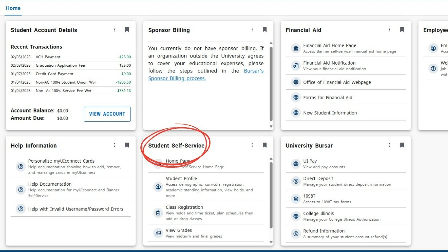 The myUIS Self-Service Dashboard.