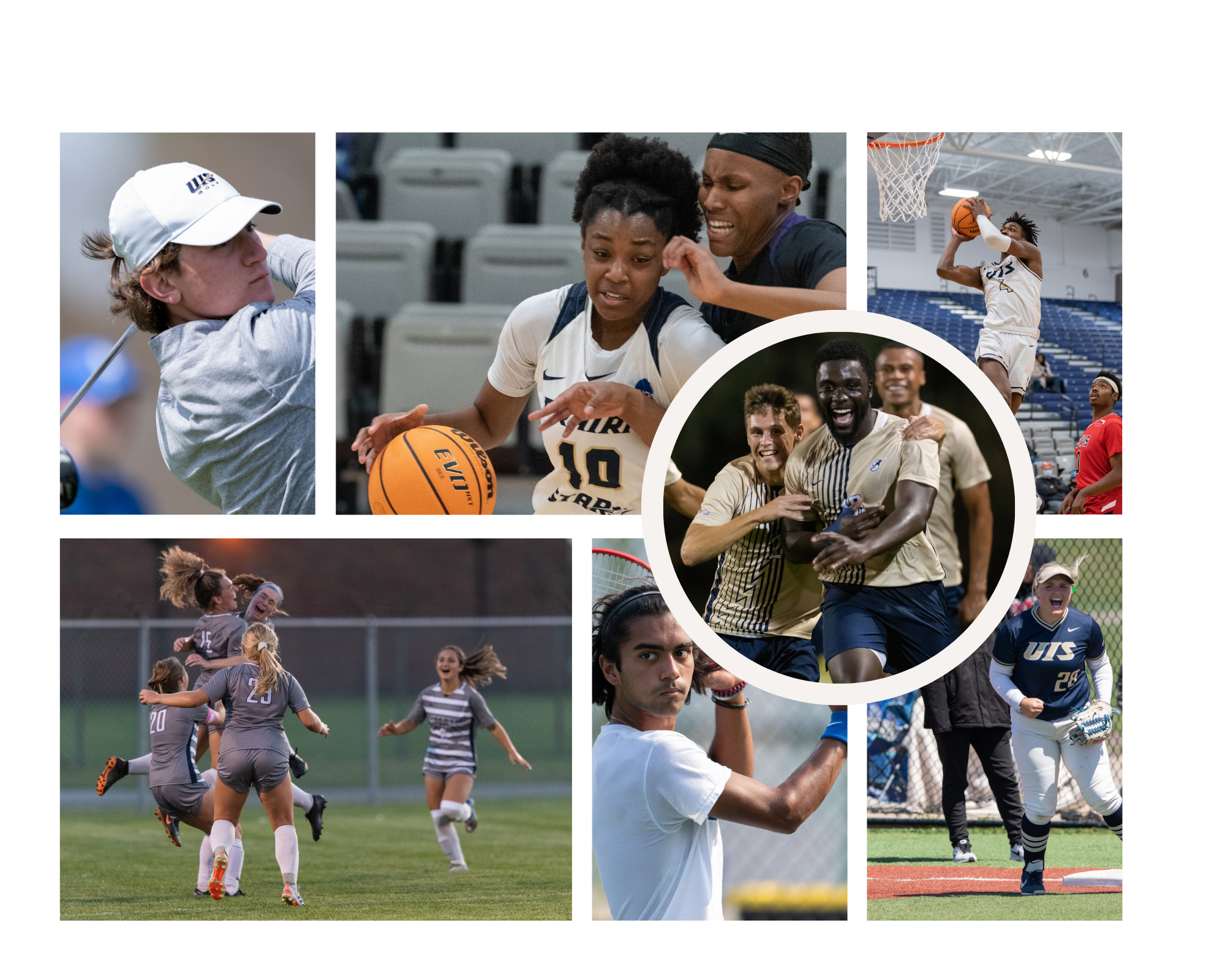 UIS athletes are seen in a collage playing their various sports