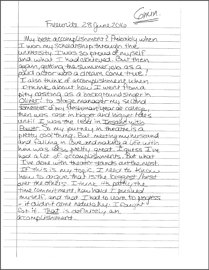 Scan of a notebook page with a handwritten paragraph of freewriting