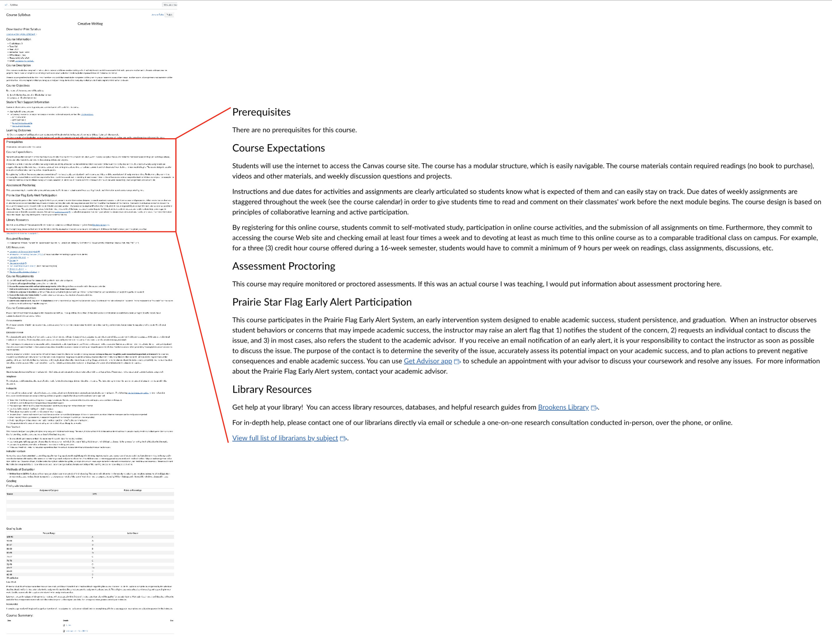 A screenshot of a syllabus page in Canvas that doesn't use DesignPLUS. Part of the image is zoomed in to show details.