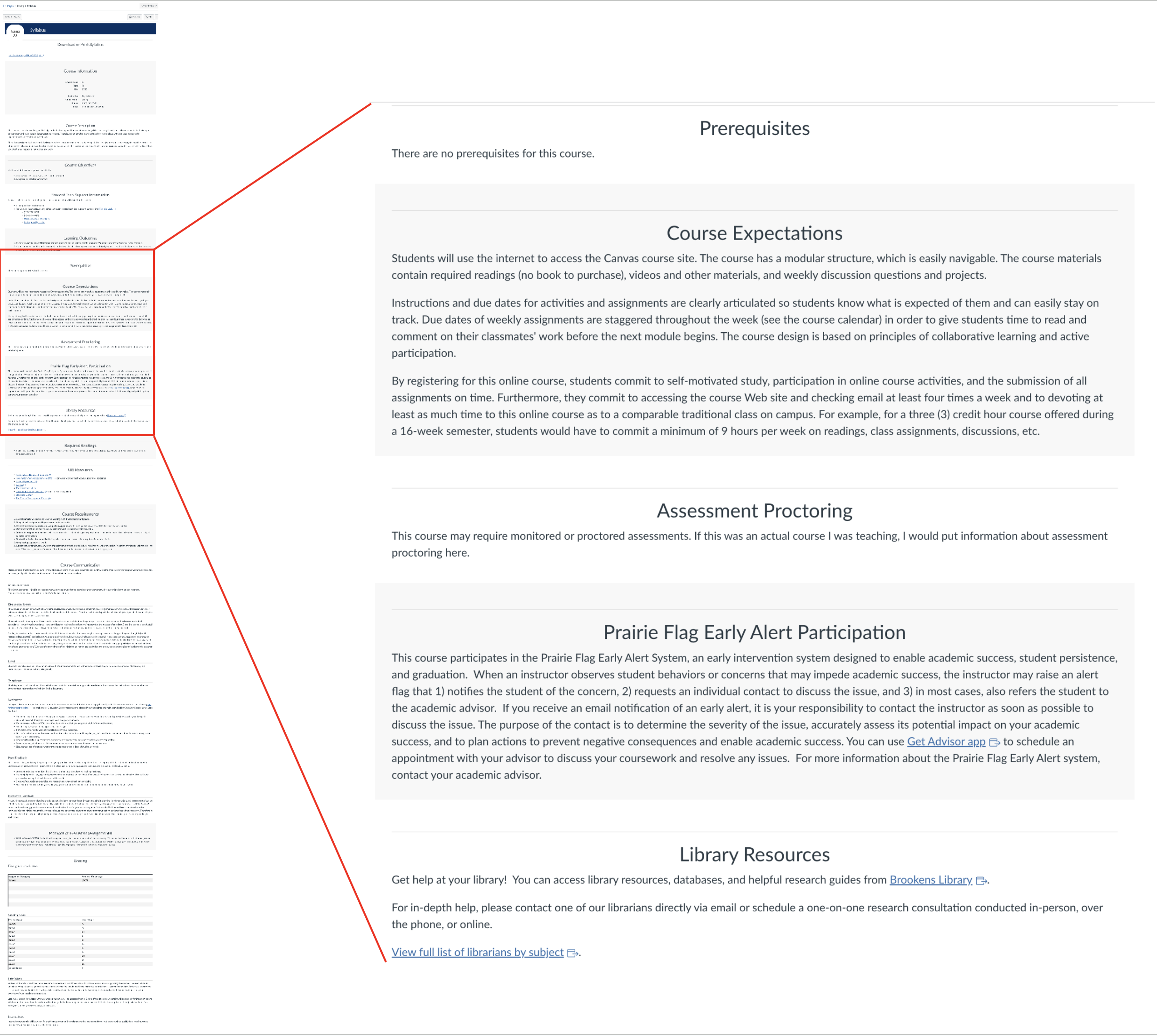 A screenshot of a syllabus page in Canvas that uses DesignPLUS. Part of the image is zoomed in to show details.