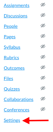 A screenshot of the course menu in Canvas with a red arrow pointing to the settings link