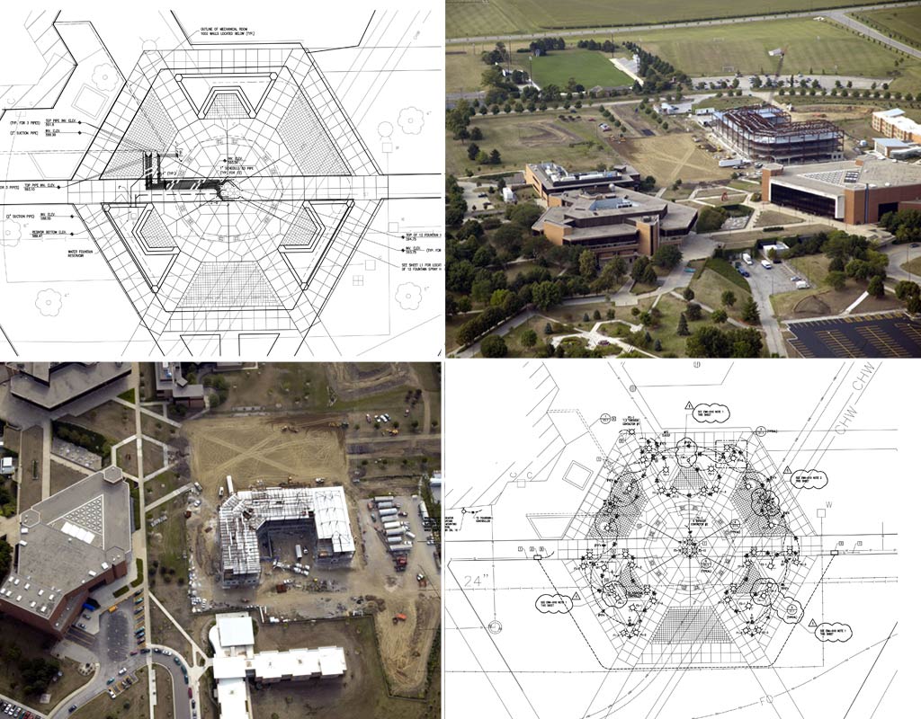 4 pictures of construction plans and bird's eye view of construction