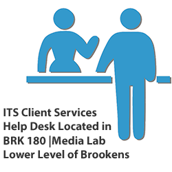 Walk-up Help Desk - Text: ITS Client Services Help Desk Located in BRK 180 | Media Lab Lower Level Brookens