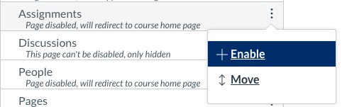 A screenshot showing the "enable" option in Canvas for the course navigation