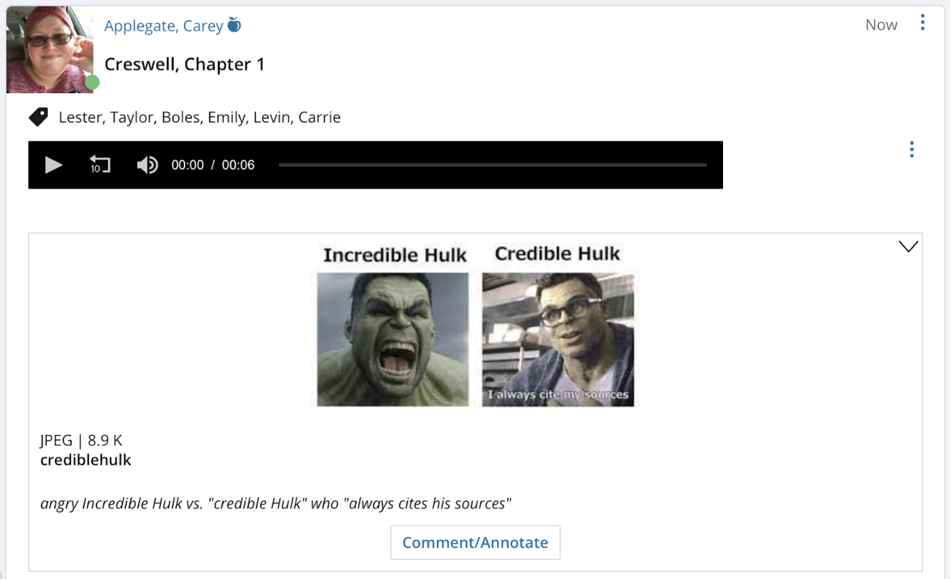 screen shot of Harmonize discussion post. Includes image posted of the angry Incredible Hulk and the Credible Hulk who "always cites his sources." 
