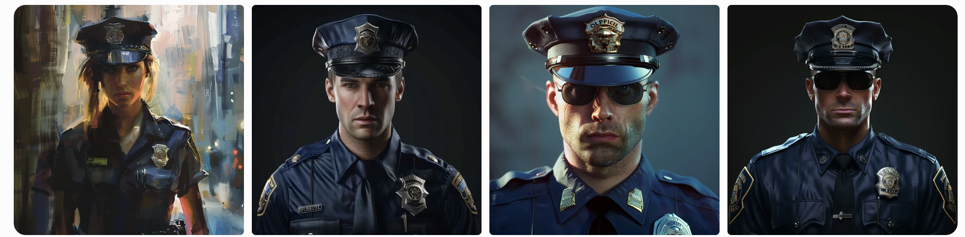 prompt police officer, showing 1 female and 3 male subjects, all white