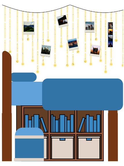 Cartoon of mid lofted bed with storage underneath, fairy lights above the bed with pictures, and an ottoman step stool.